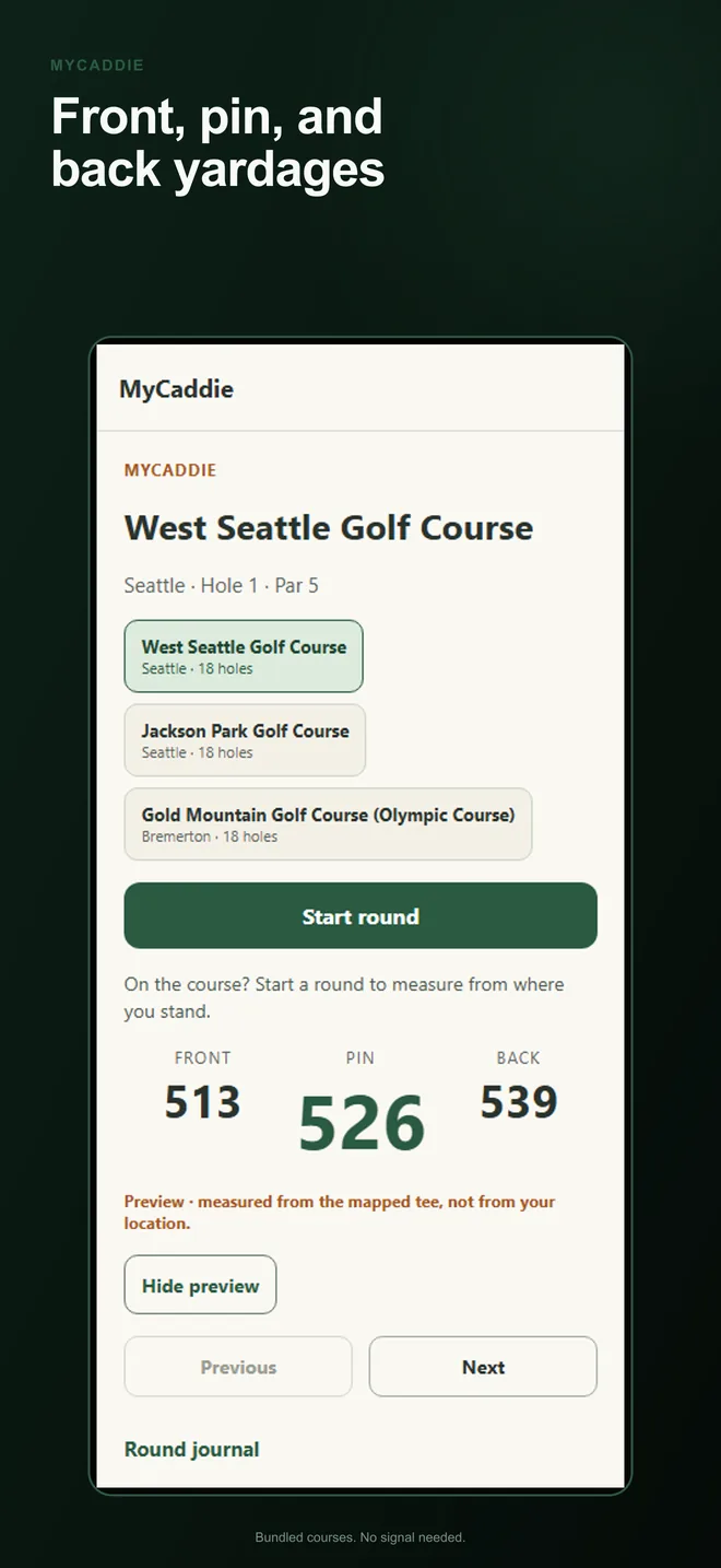 MyCaddie recommendation screen reading play the 7 iron, aim left center, with 164 yards to target and front, target, and back distances of 151, 164, and 177.